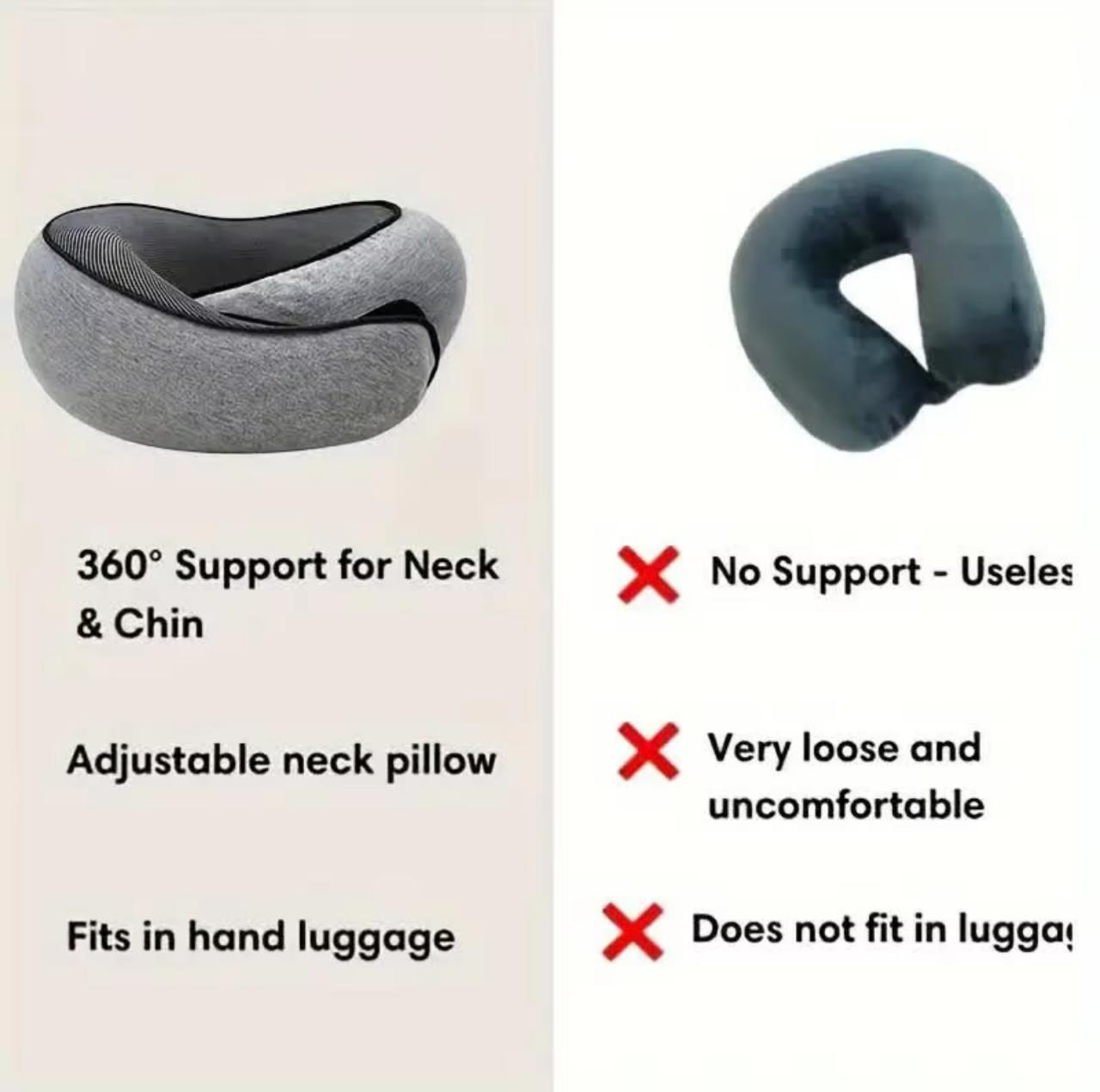 360° Memory Foam Travel Neck Pillow with Carrying Bag – Adjustable Chin & Neck Support