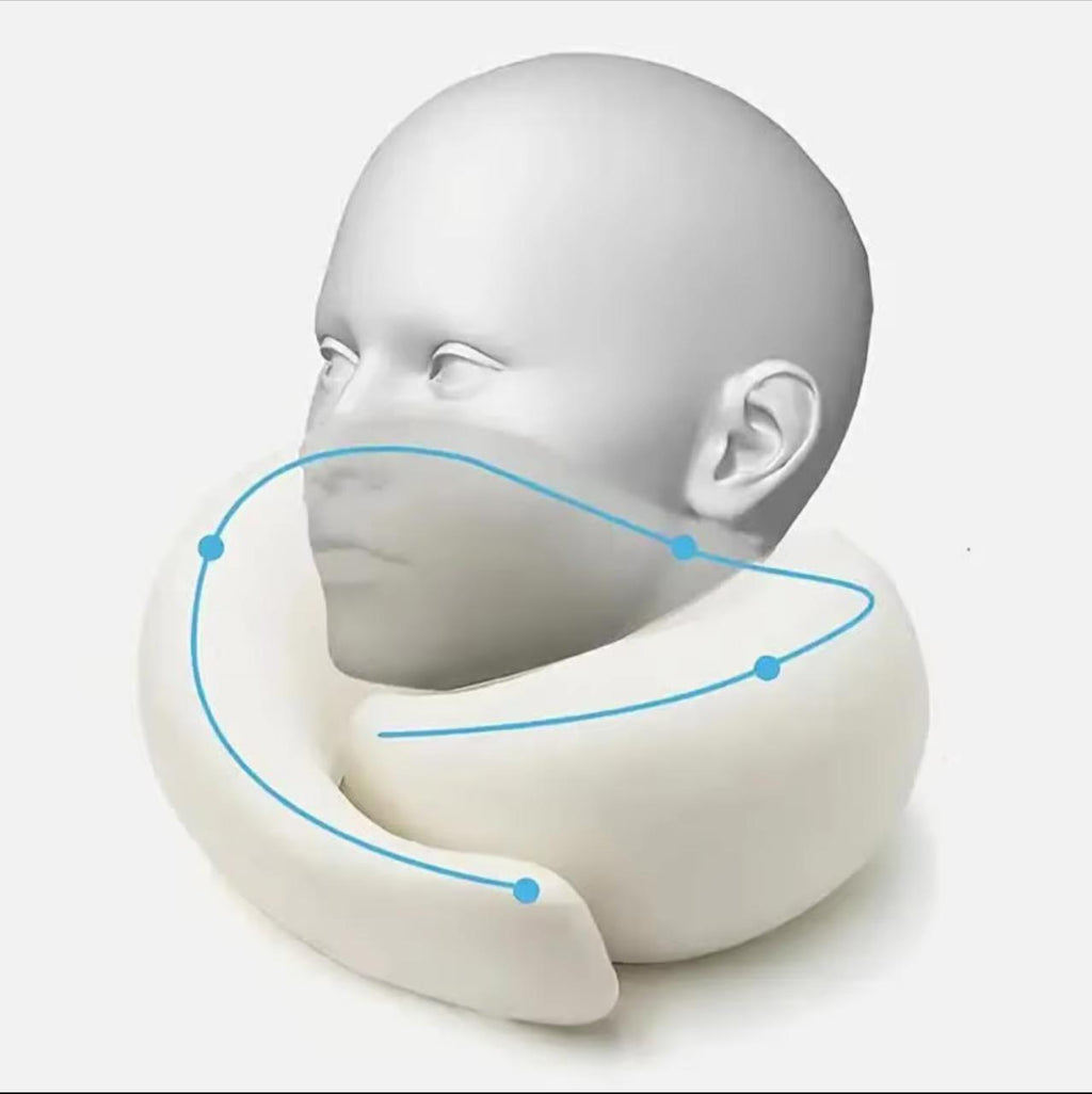 360° Memory Foam Travel Neck Pillow with Carrying Bag – Adjustable Chin & Neck Support
