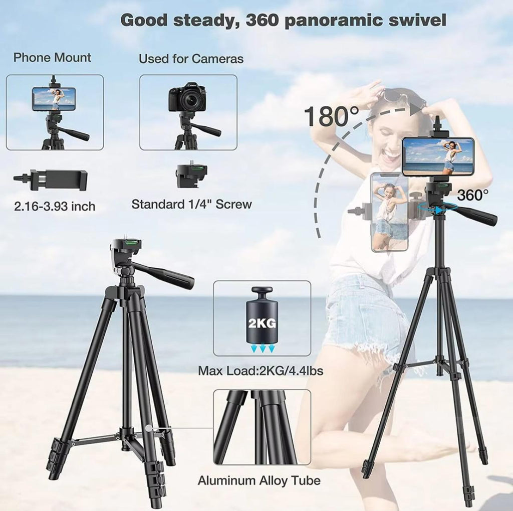 Extendable Camera Tripod Stand 33–102cm with Bluetooth Remote & Phone Mount (Black / Silver)