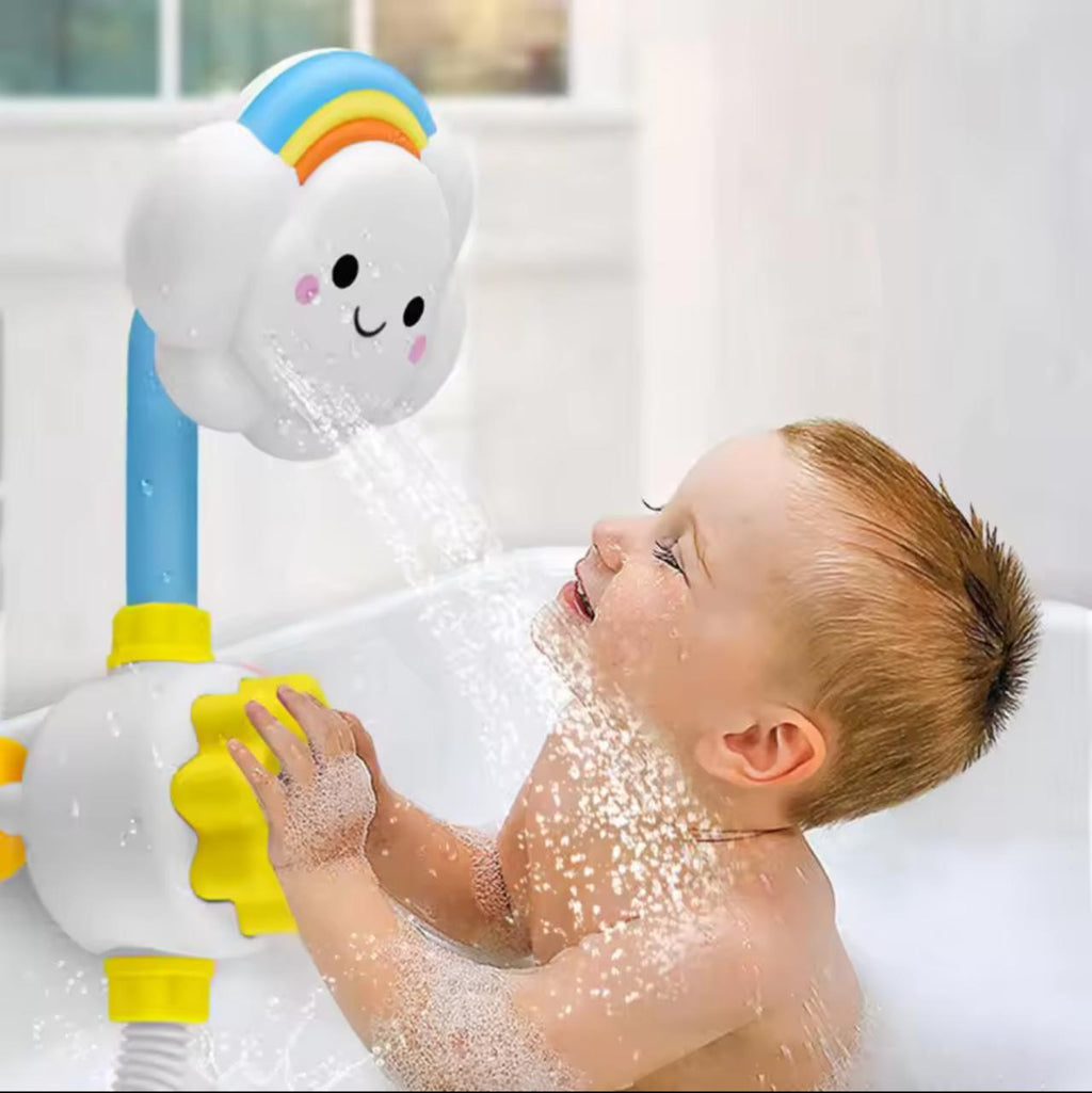 Rainbow Cloud Baby Bath Shower Toy – 90° Rotating Spray Head, Suction Cup Base & Sun Pump | Kids Bath Playset