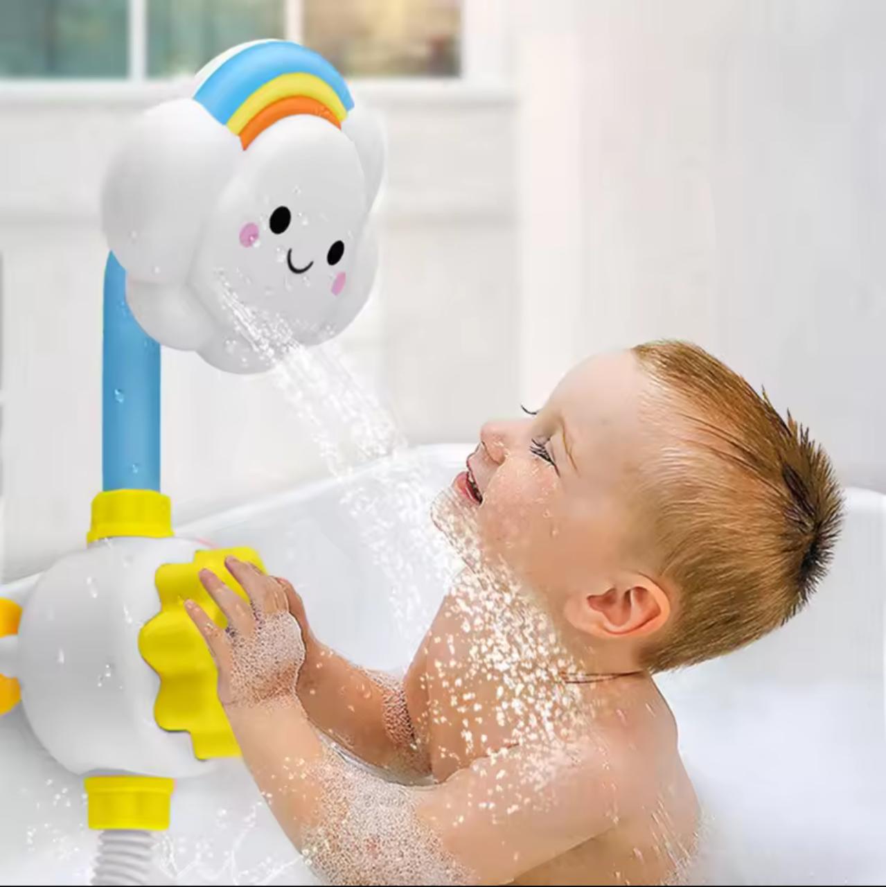 Rainbow Cloud Baby Bath Shower Toy – 90° Rotating Spray Head, Suction Cup Base & Sun Pump | Kids Bath Playset