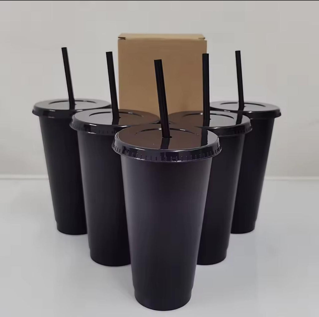 Reusable Plastic Tumbler Cups with Lid & Straw – Set of 5 (Black / Frosted Clear)