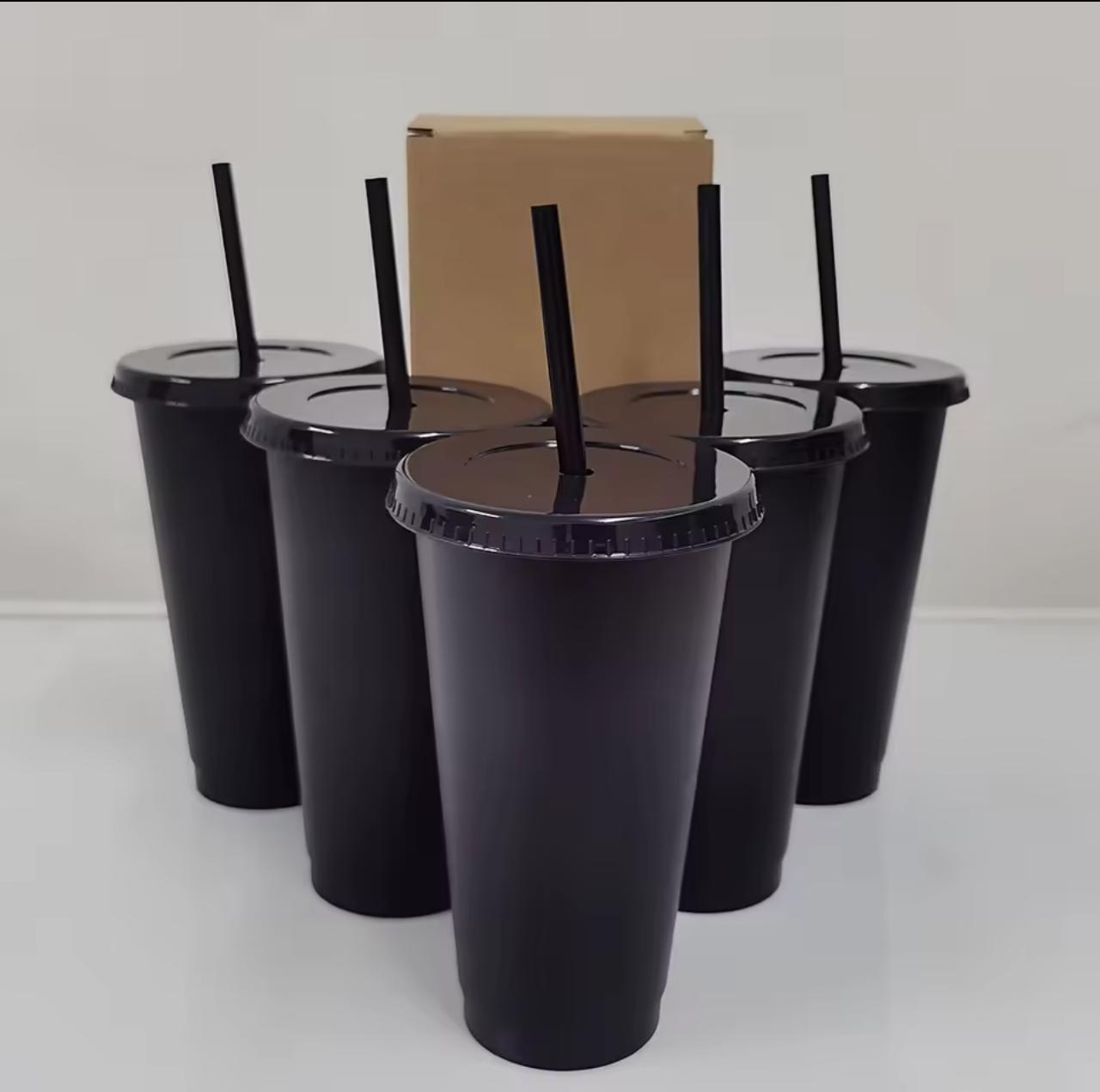 Reusable Plastic Tumbler Cups with Lid & Straw – Set of 5 (Black / Frosted Clear)