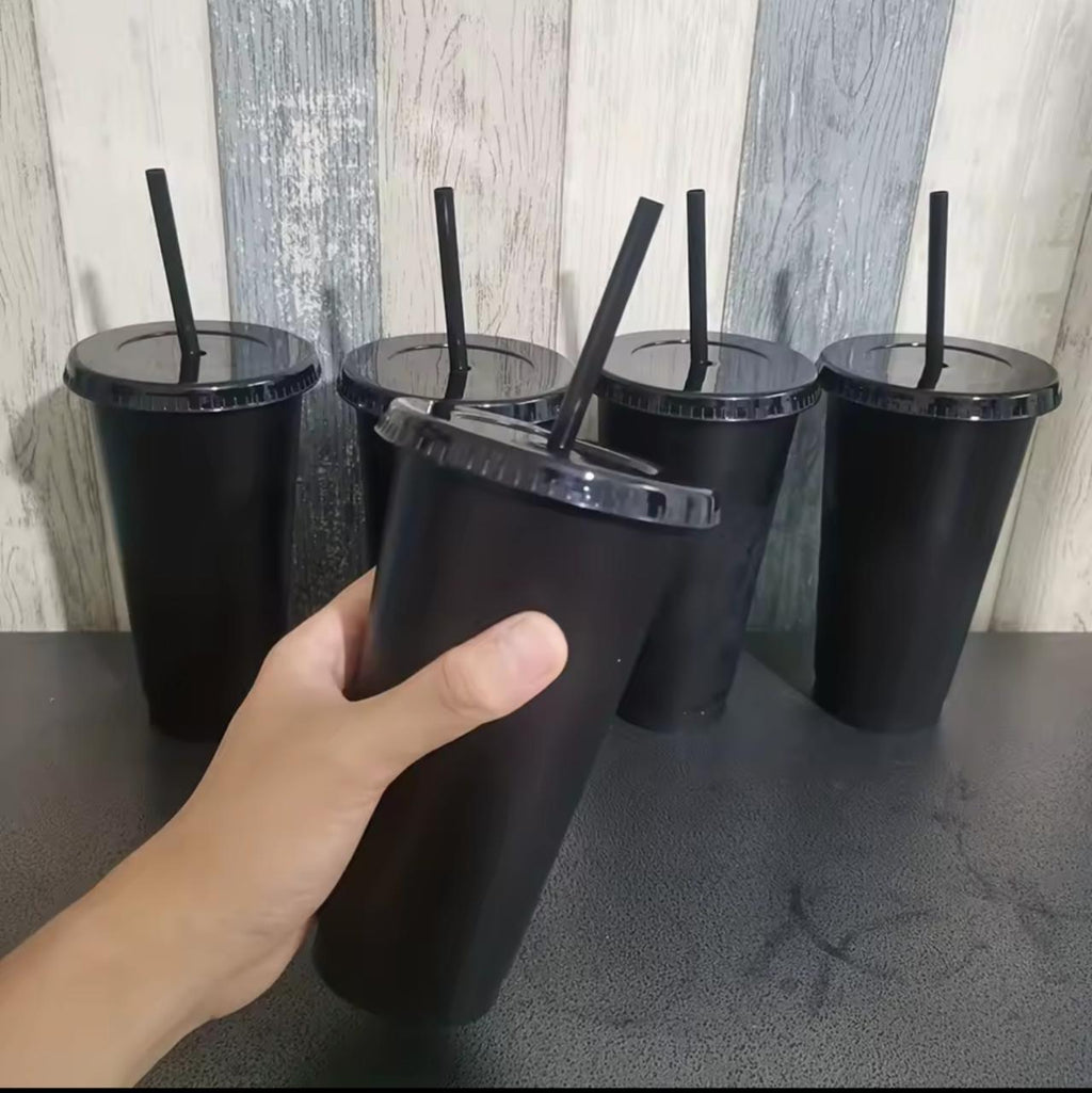 Reusable Plastic Tumbler Cups with Lid & Straw – Set of 5 (Black / Frosted Clear)
