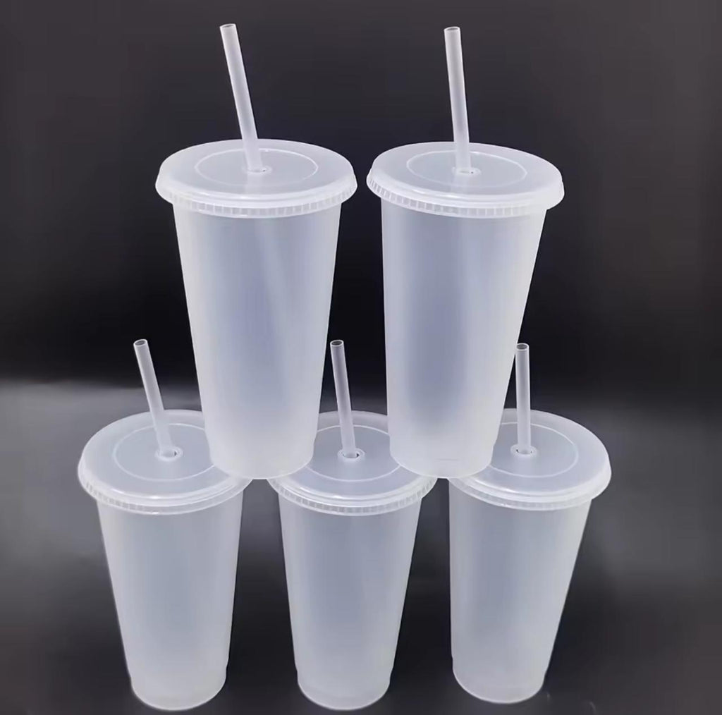 Reusable Plastic Tumbler Cups with Lid & Straw – Set of 5 (Black / Frosted Clear)