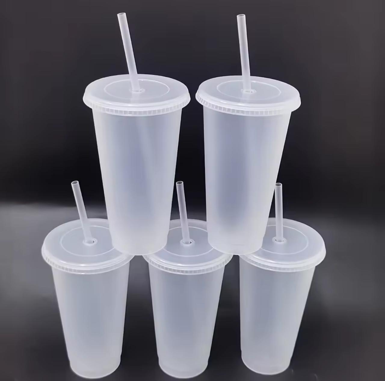 Reusable Plastic Tumbler Cups with Lid & Straw – Set of 5 (Black / Frosted Clear)