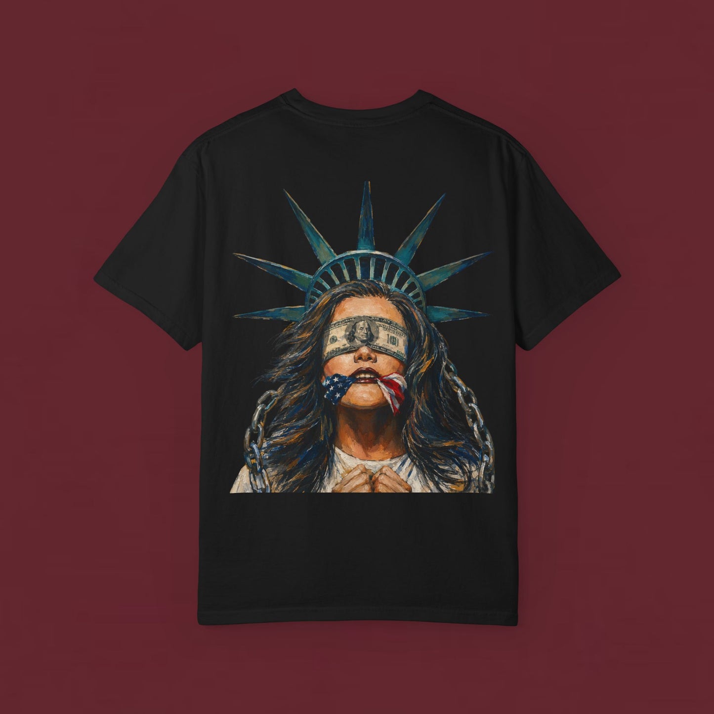 Liberty Bound Graphic T‑Shirt — Statue of Liberty Blindfolded Patriotic Art Tee
