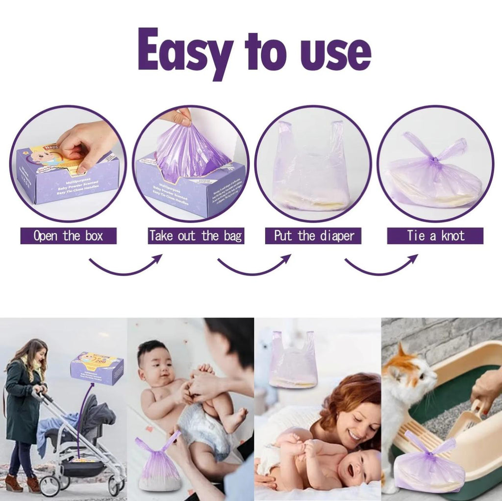 Nappy Bags – Baby Powder Scented Diaper Disposal Bags with Easy Tie-Close Handles | 100 & 200 Pack