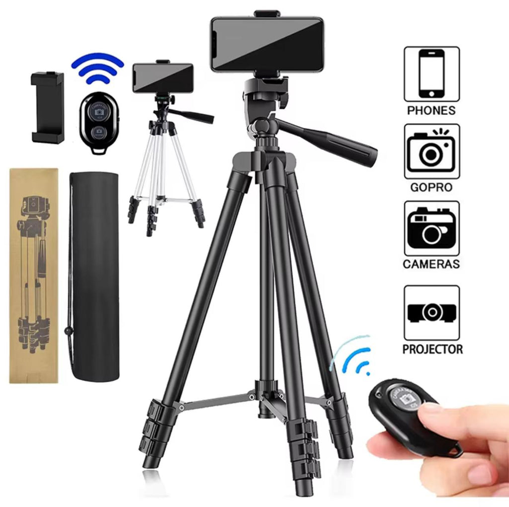 Extendable Camera Tripod Stand 33–102cm with Bluetooth Remote & Phone Mount (Black / Silver)