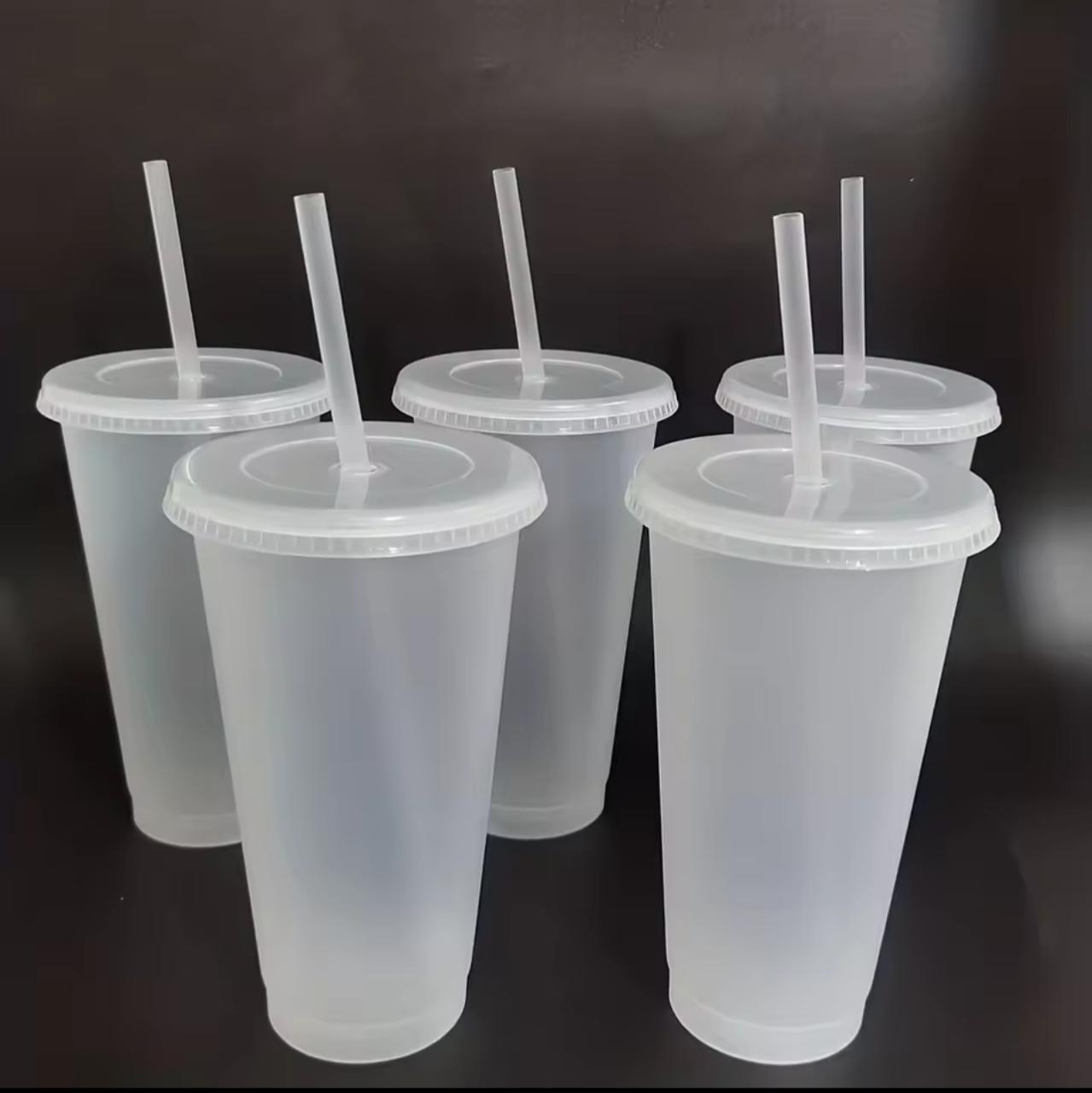 Reusable Plastic Tumbler Cups with Lid & Straw – Set of 5 (Black / Frosted Clear)