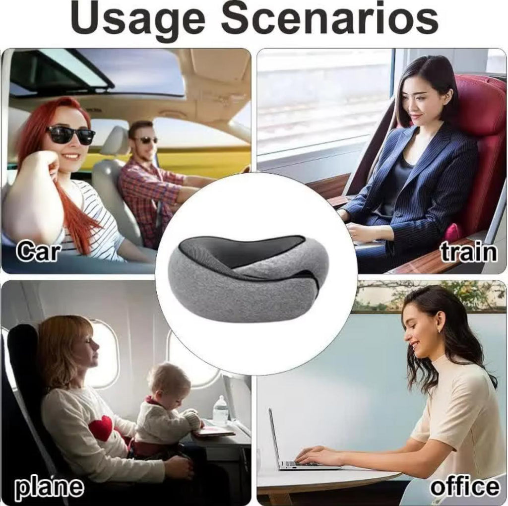 360° Memory Foam Travel Neck Pillow with Carrying Bag – Adjustable Chin & Neck Support