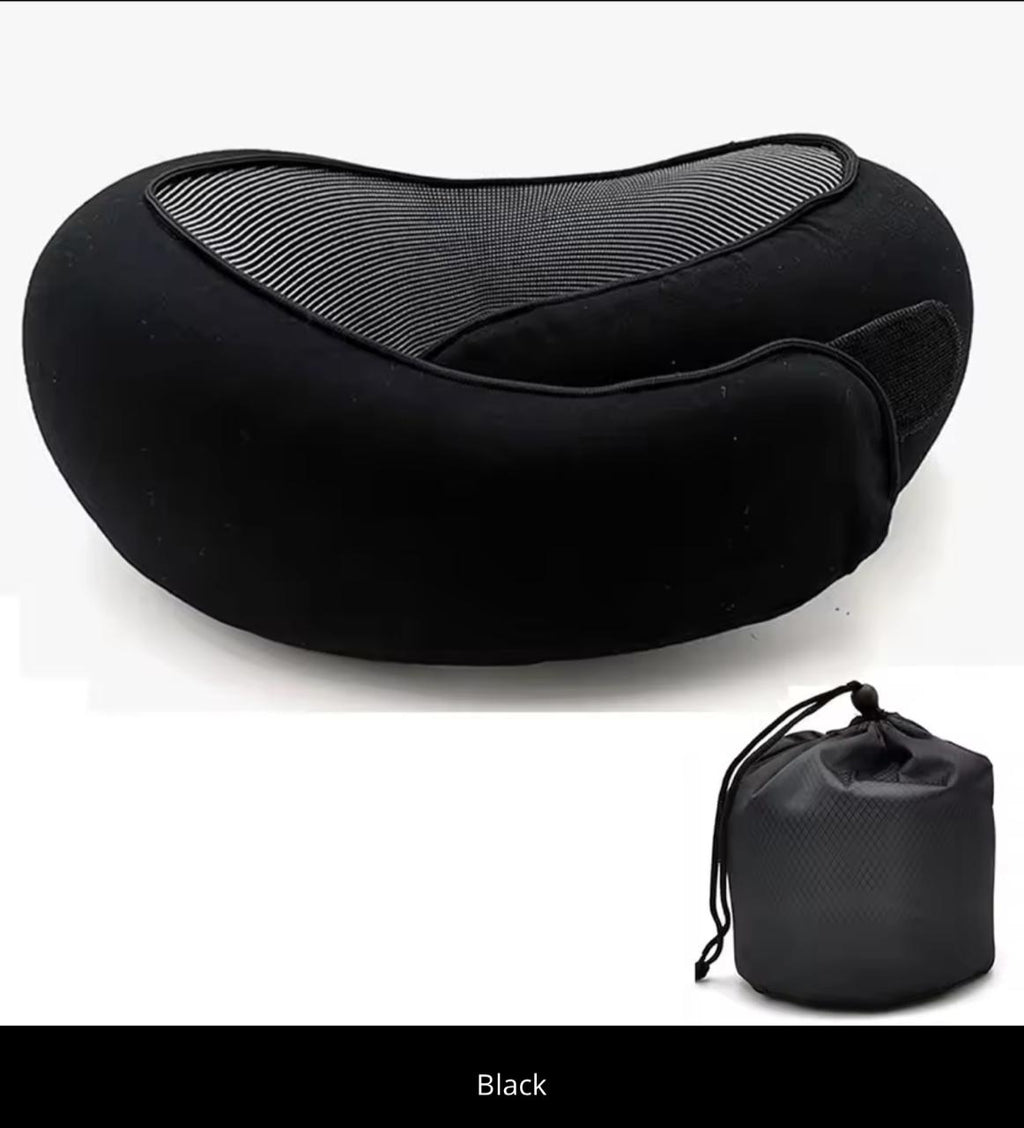 360° Memory Foam Travel Neck Pillow with Carrying Bag – Adjustable Chin & Neck Support