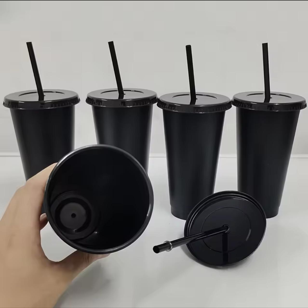 Reusable Plastic Tumbler Cups with Lid & Straw – Set of 5 (Black / Frosted Clear)