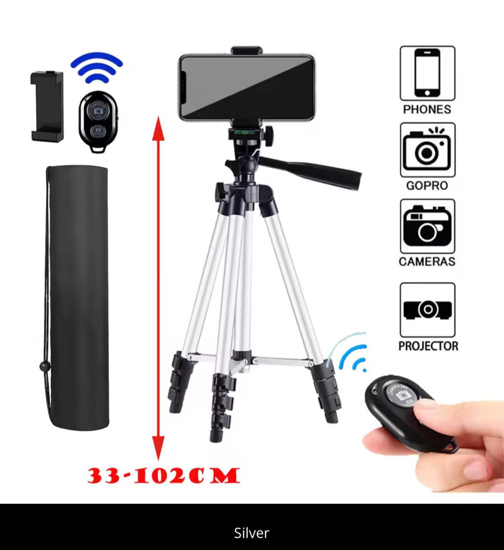 Extendable Camera Tripod Stand 33–102cm with Bluetooth Remote & Phone Mount (Black / Silver)