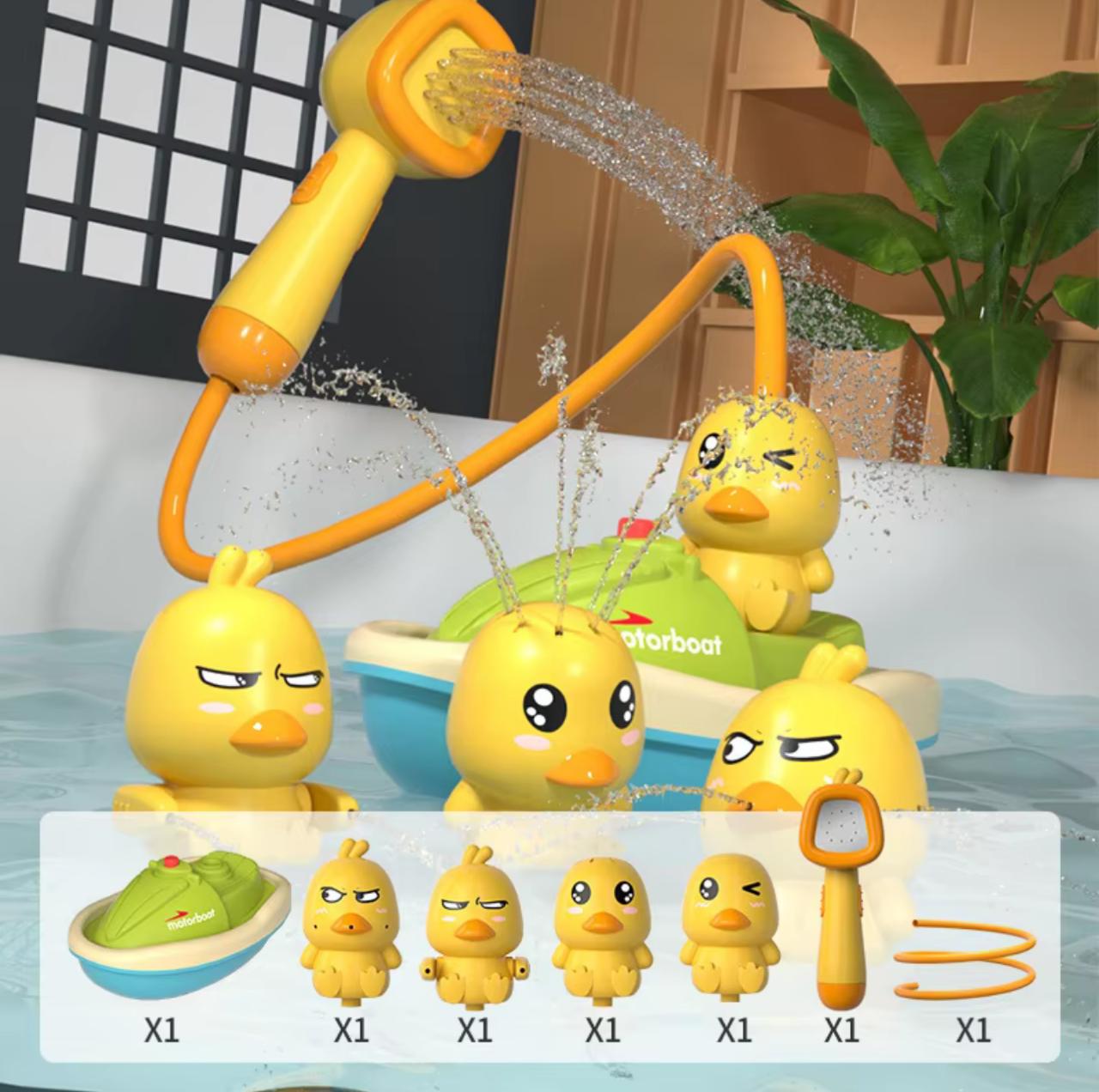 Little Yellow Duck Baby Bath Toy Set – Electric Water Spray Shower with Motorboat & 4 Duck Figures | Kids Bath Playset