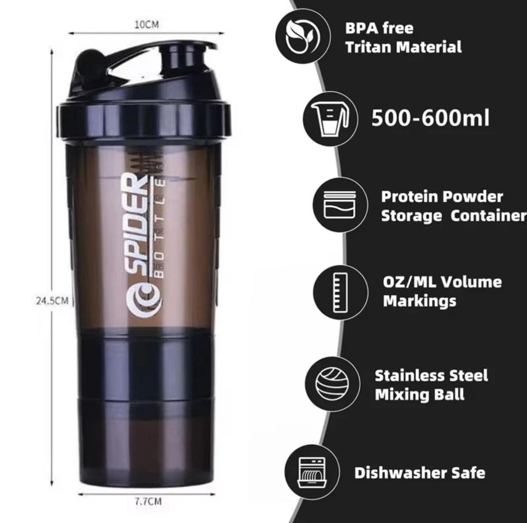 Spider Shaker Bottle with Storage Containers – 500ml BPA-Free Protein Shaker with Twist N' Lock Compartments