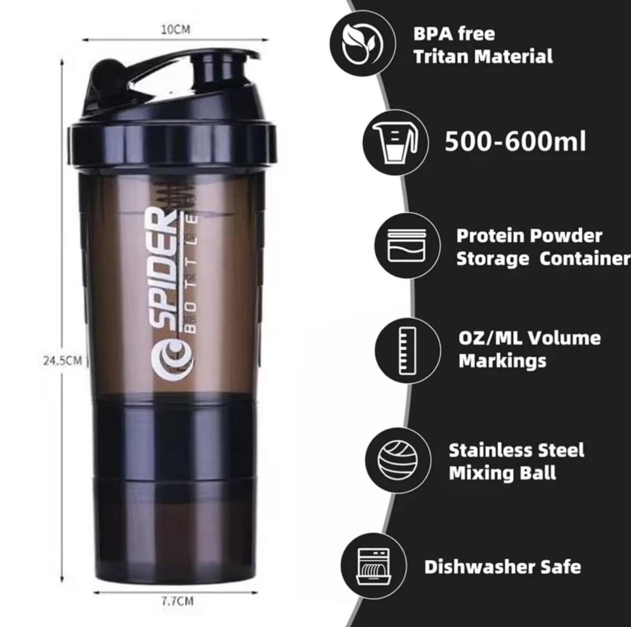 Spider Shaker Bottle with Storage Containers – 500ml BPA-Free Protein Shaker with Twist N' Lock Compartments