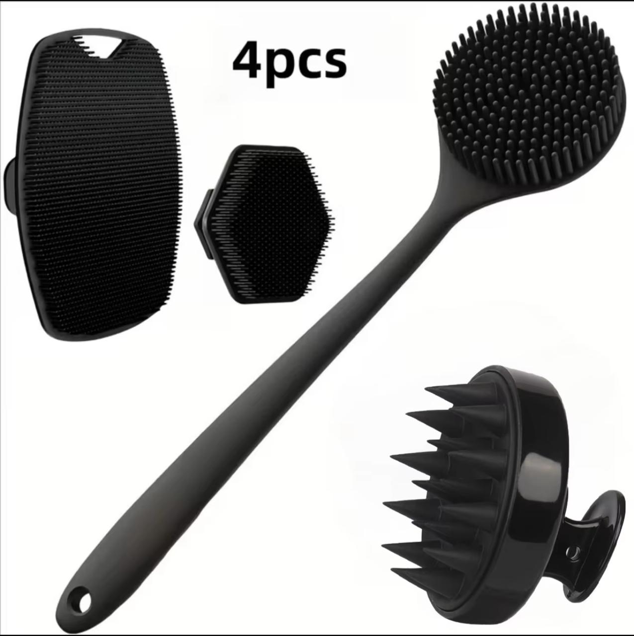 4-in-1 Silicone Body & Hair Brush Set – Back Scrubber, Scalp Massager, Face & Beard Brush