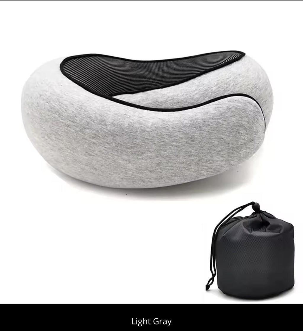 360° Memory Foam Travel Neck Pillow with Carrying Bag – Adjustable Chin & Neck Support