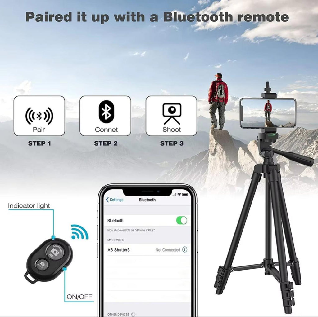Extendable Camera Tripod Stand 33–102cm with Bluetooth Remote & Phone Mount (Black / Silver)