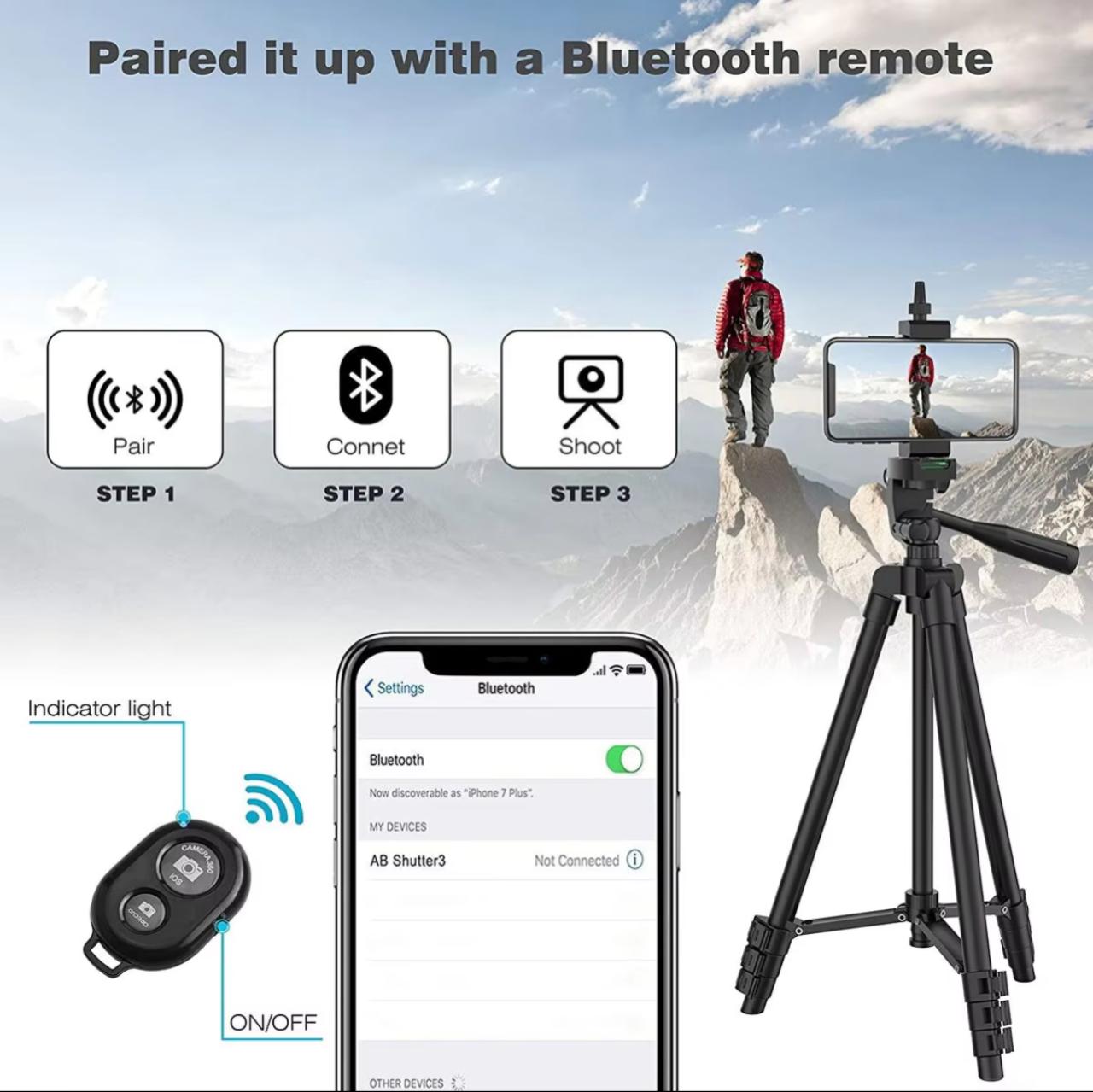 Extendable Camera Tripod Stand 33–102cm with Bluetooth Remote & Phone Mount (Black / Silver)