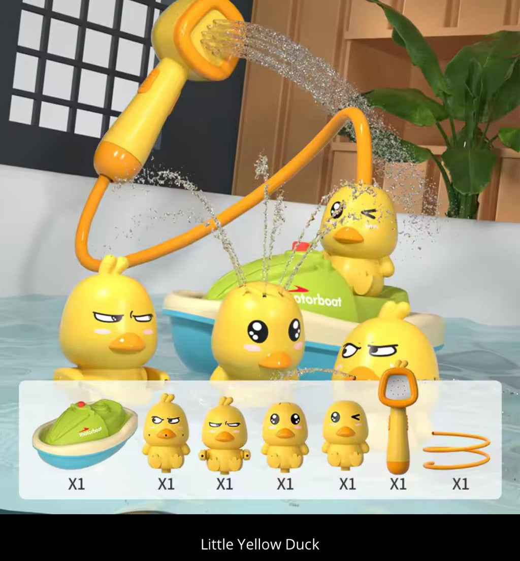 Little Yellow Duck Baby Bath Toy Set – Electric Water Spray Shower with Motorboat & 4 Duck Figures | Kids Bath Playset