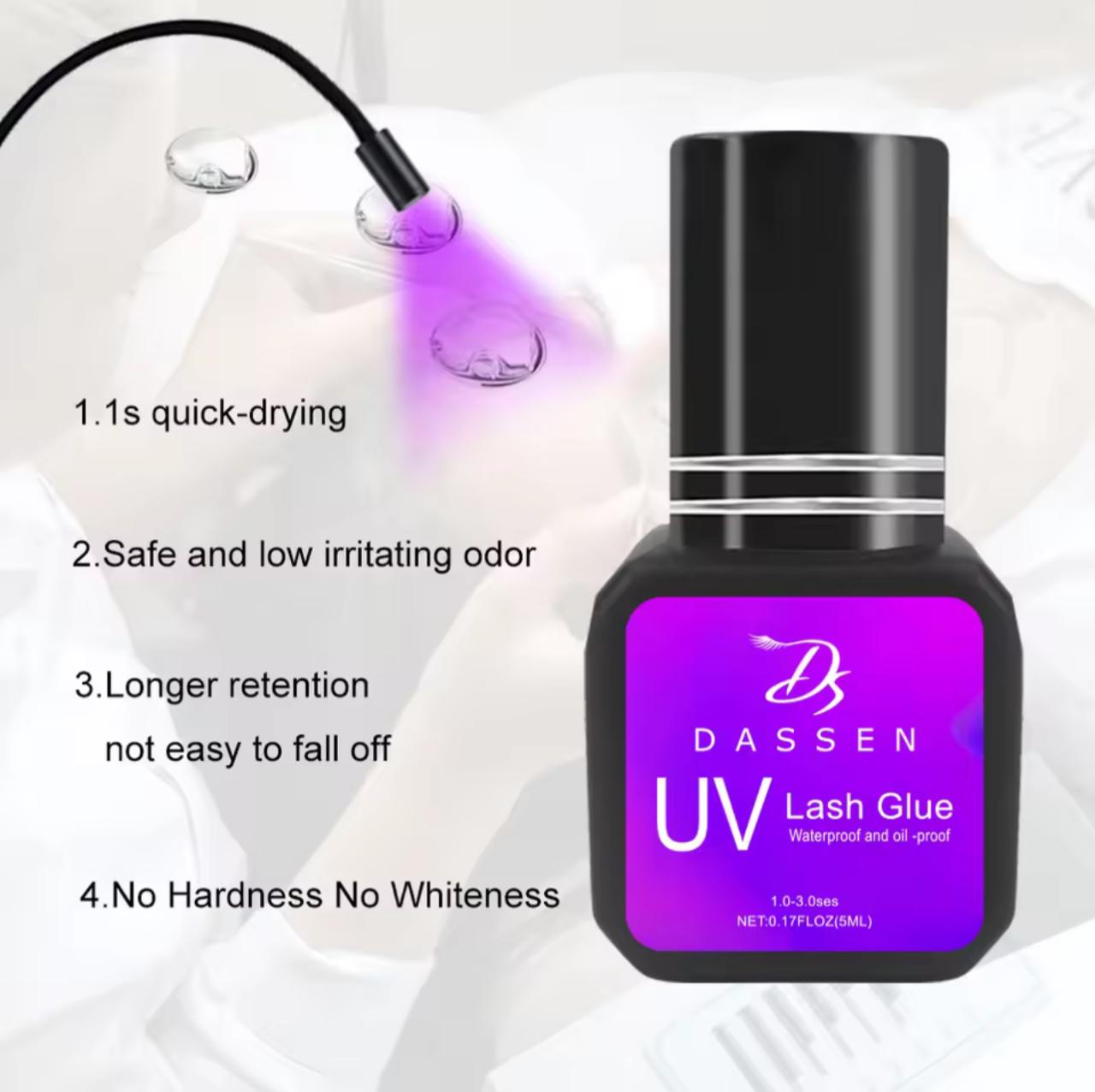 DASSEN UV Lash Glue – 5ml Waterproof & Oil-Proof Eyelash Extension Adhesive | UV Light Curing | 1-3 Sec Bond | Transparent & Grey