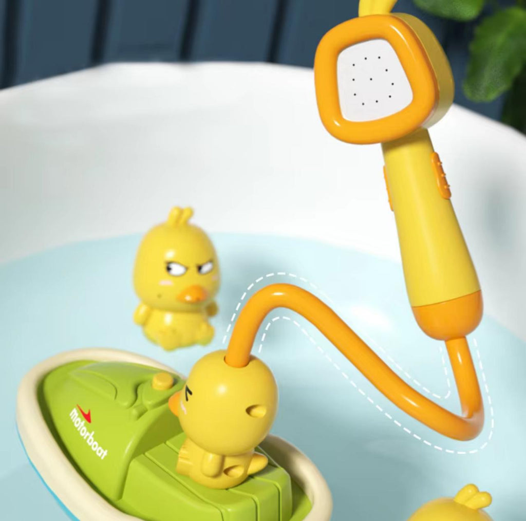 Little Yellow Duck Baby Bath Toy Set – Electric Water Spray Shower with Motorboat & 4 Duck Figures | Kids Bath Playset
