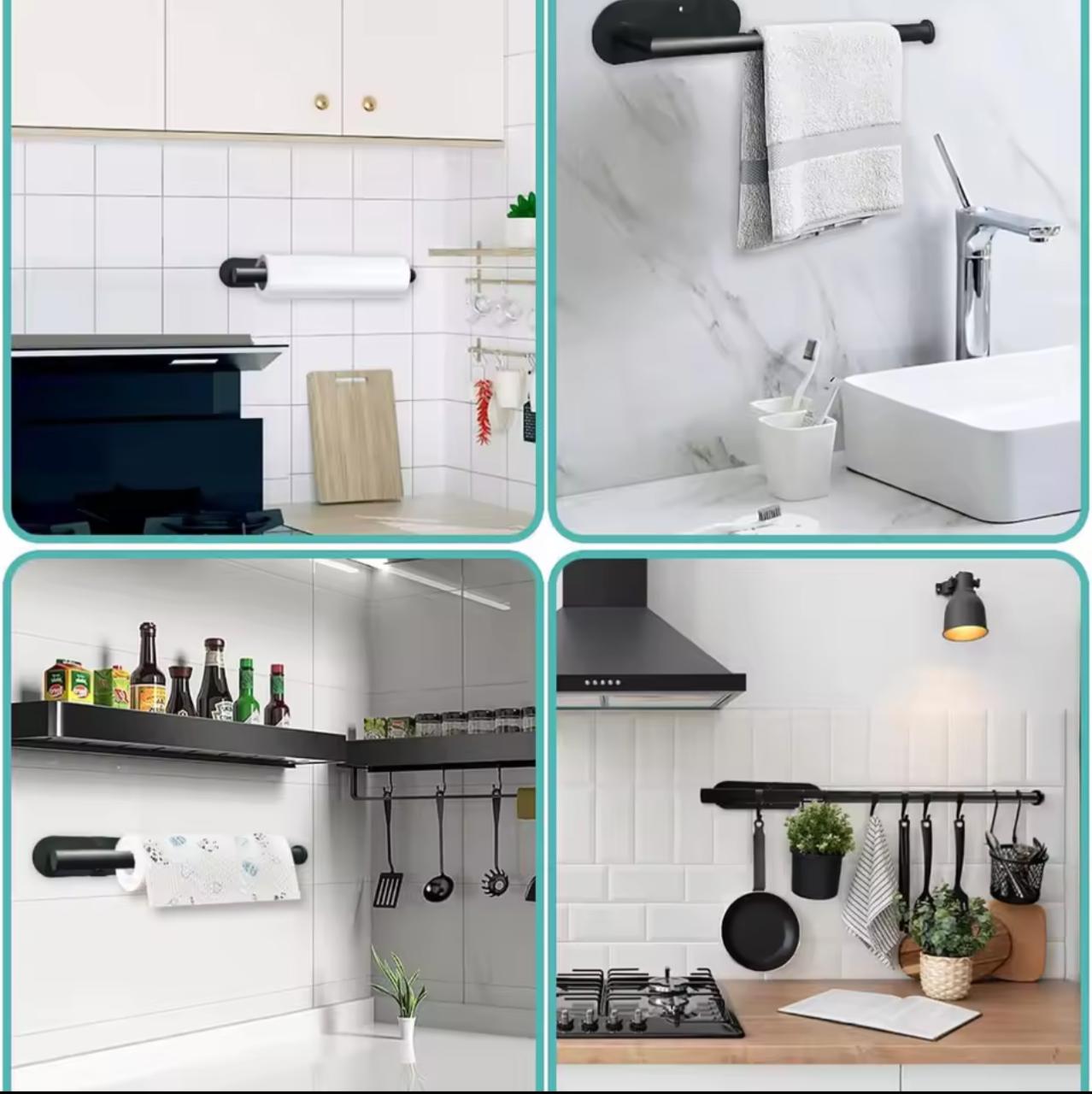 Self-Adhesive Paper Towel & Toilet Roll Holder – No Drilling | Waterproof & Rustproof | Black & White