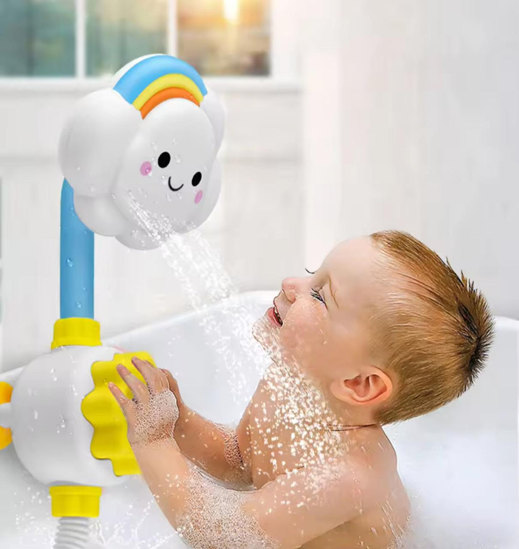 Rainbow Cloud Baby Bath Shower Toy – 90° Rotating Spray Head, Suction Cup Base & Sun Pump | Kids Bath Playset