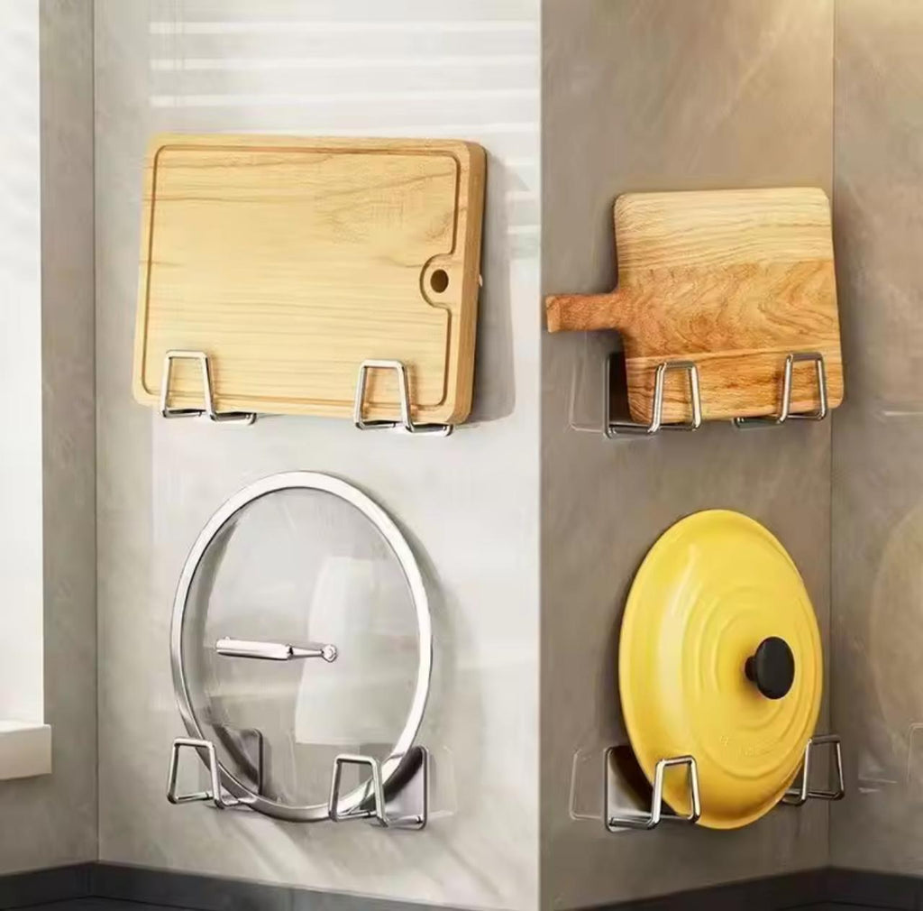 Self-Adhesive Stainless Steel Kitchen Wall Hooks – Sponge Holder, Scissor Hook, Cutting Board & Pot Lid Rack | No Drilling