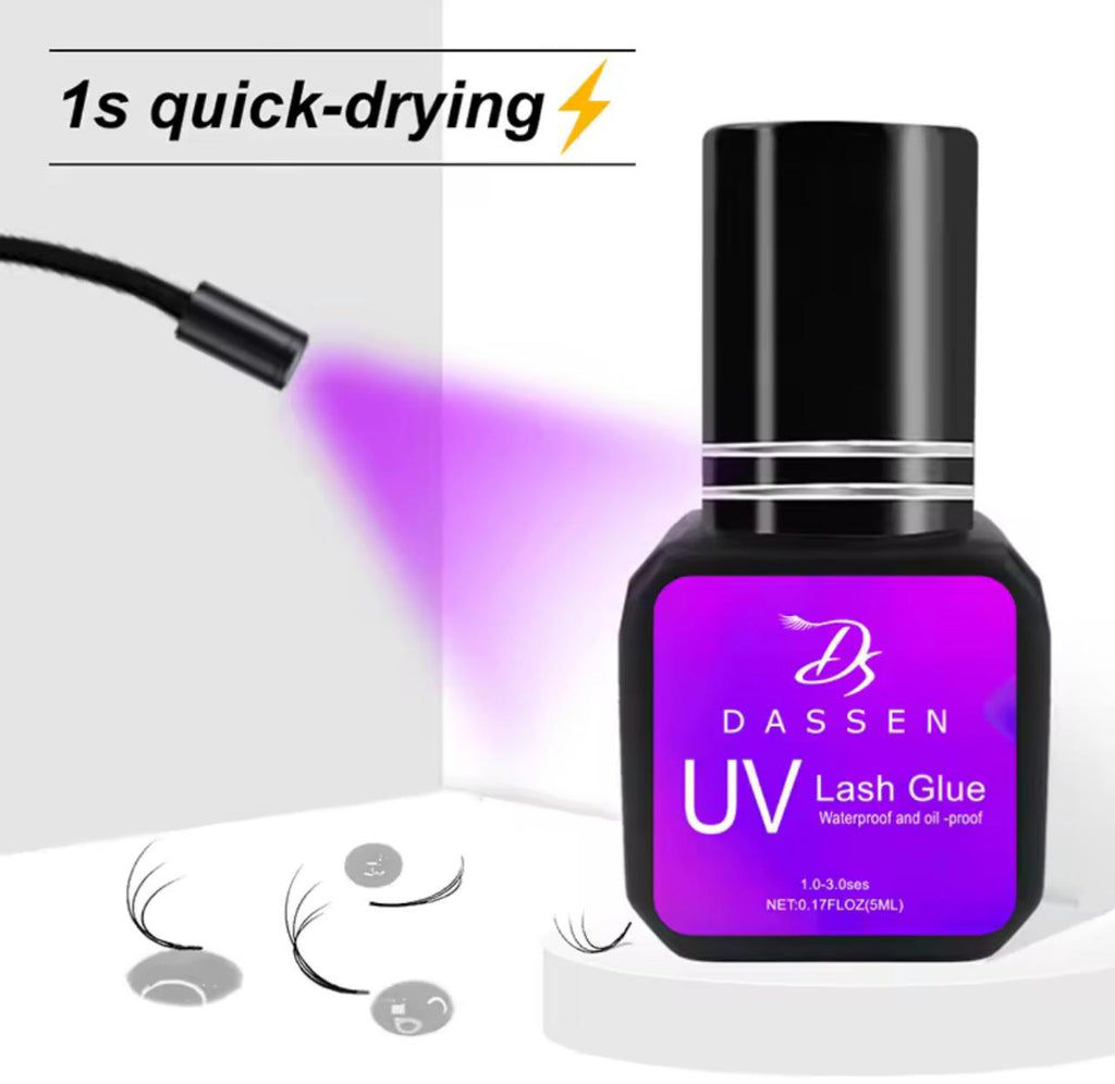 DASSEN UV Lash Glue – 5ml Waterproof & Oil-Proof Eyelash Extension Adhesive | UV Light Curing | 1-3 Sec Bond | Transparent & Grey