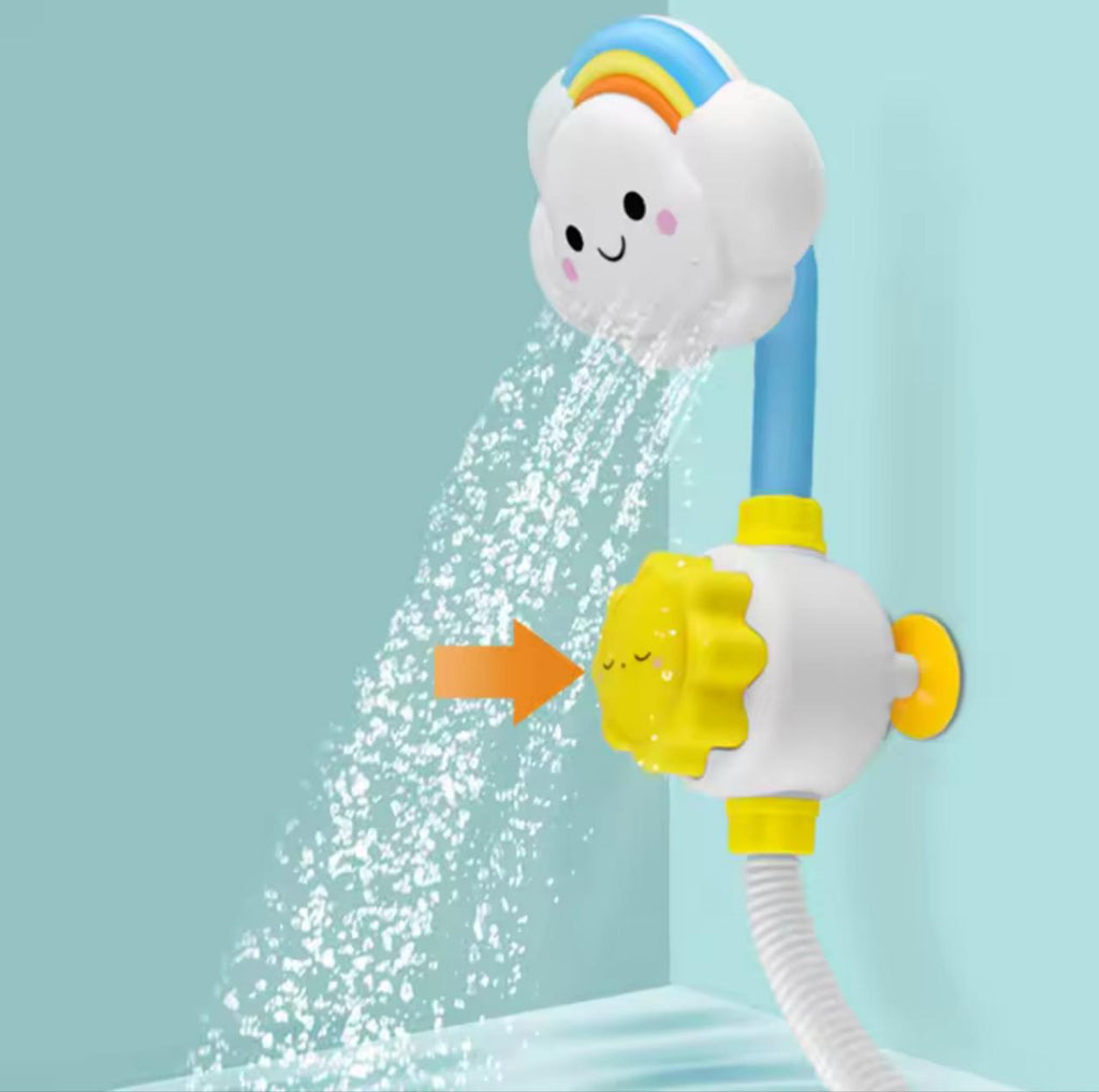 Rainbow Cloud Baby Bath Shower Toy – 90° Rotating Spray Head, Suction Cup Base & Sun Pump | Kids Bath Playset