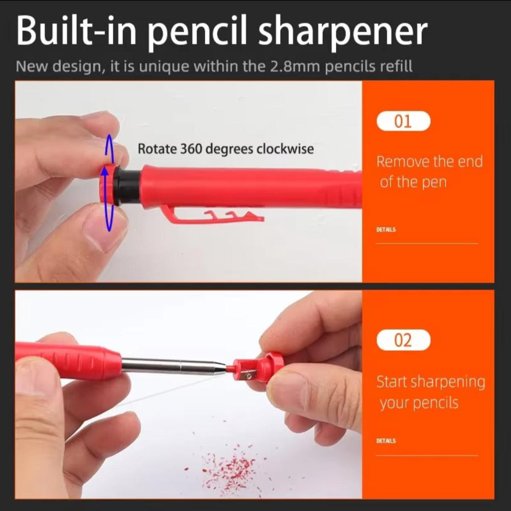 Solid Carpenter Pencil with Built-in Sharpener & Refills