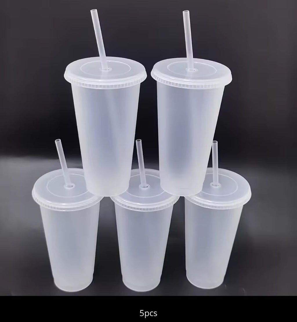 Reusable Plastic Tumbler Cups with Lid & Straw – Set of 5 (Black / Frosted Clear)