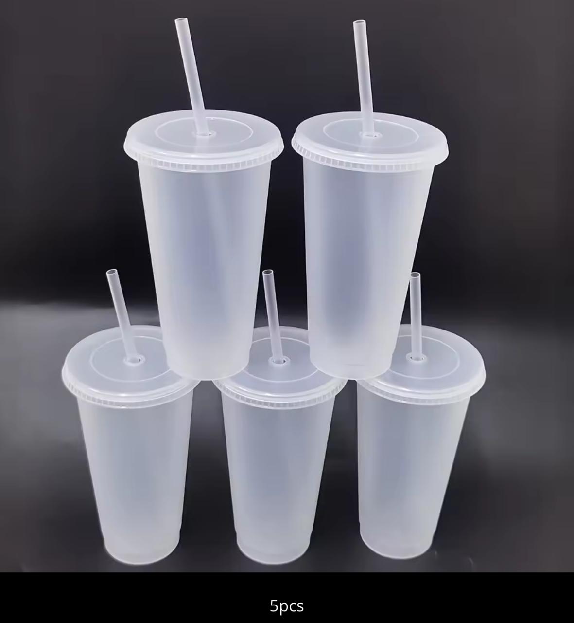 Reusable Plastic Tumbler Cups with Lid & Straw – Set of 5 (Black / Frosted Clear)