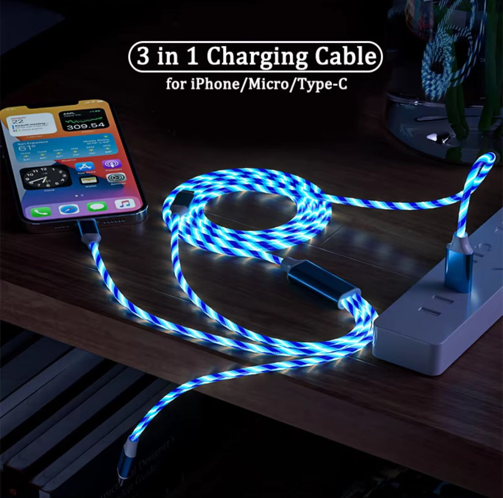LED Glowing Fast Charging Cable – 3-in-1 iPhone / Micro / Type-C, Intelligent Identification