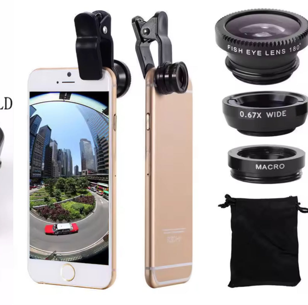 3-in-1 Phone Camera Lens Kit – Fisheye 180° + 0.67X Wide Angle + Macro Clip-On