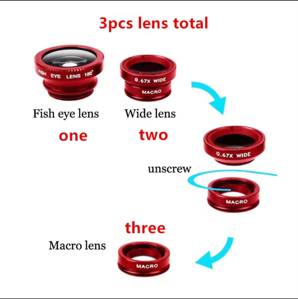 3-in-1 Phone Camera Lens Kit – Fisheye 180° + 0.67X Wide Angle + Macro Clip-On