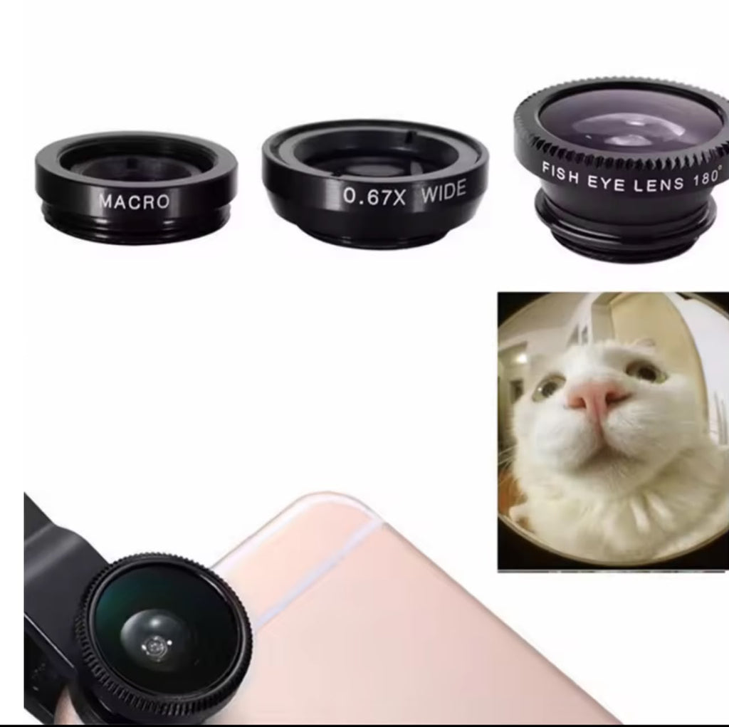 3-in-1 Phone Camera Lens Kit – Fisheye 180° + 0.67X Wide Angle + Macro Clip-On