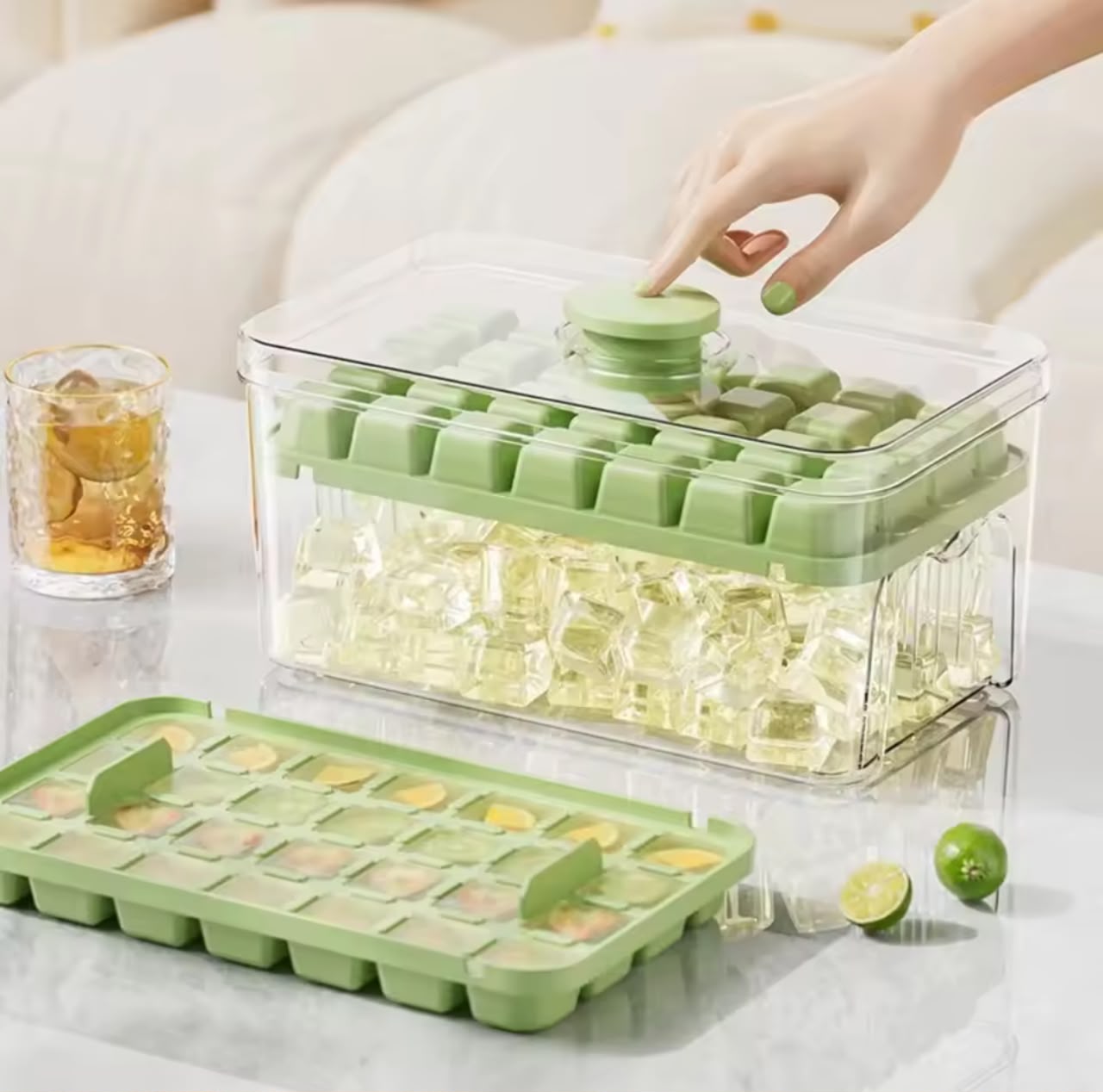 Press & Pop Ice Cube Tray with Storage Box – One-Press Dispenser, 28 or 56 Grids, Includes Ice Scoop (2 Colors)