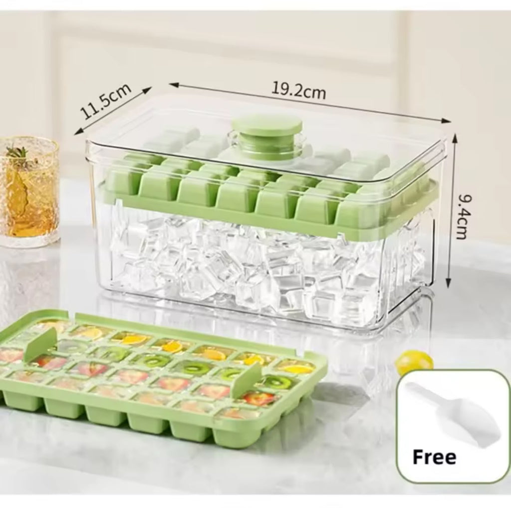 Press & Pop Ice Cube Tray with Storage Box – One-Press Dispenser, 28 or 56 Grids, Includes Ice Scoop (2 Colors)