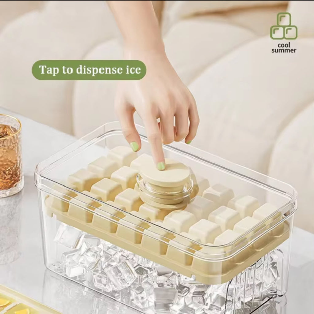 Press & Pop Ice Cube Tray with Storage Box – One-Press Dispenser, 28 or 56 Grids, Includes Ice Scoop (2 Colors)