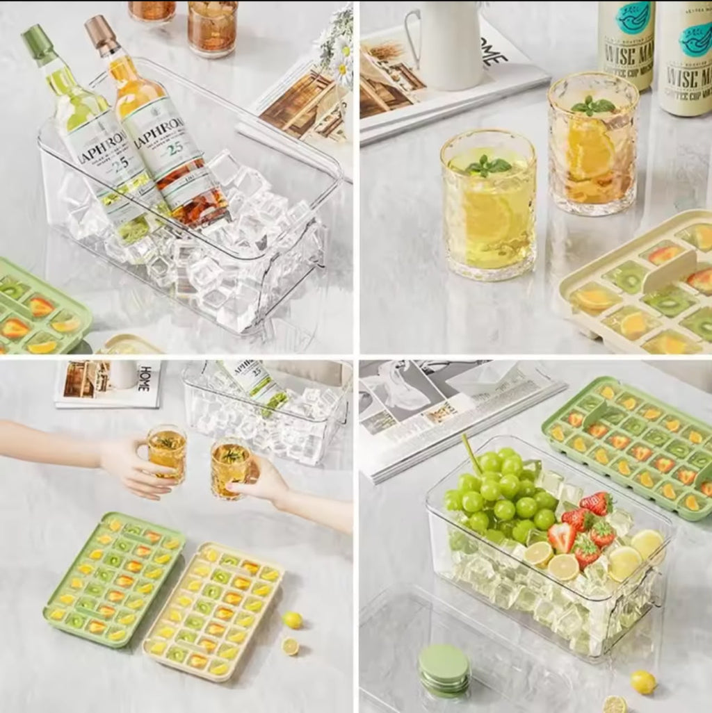 Press & Pop Ice Cube Tray with Storage Box – One-Press Dispenser, 28 or 56 Grids, Includes Ice Scoop (2 Colors)