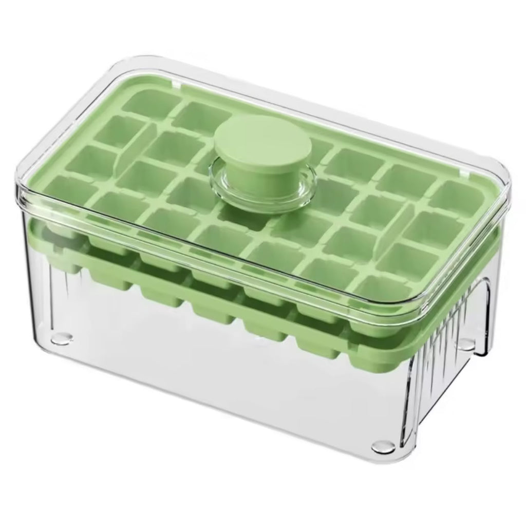 Press & Pop Ice Cube Tray with Storage Box – One-Press Dispenser, 28 or 56 Grids, Includes Ice Scoop (2 Colors)