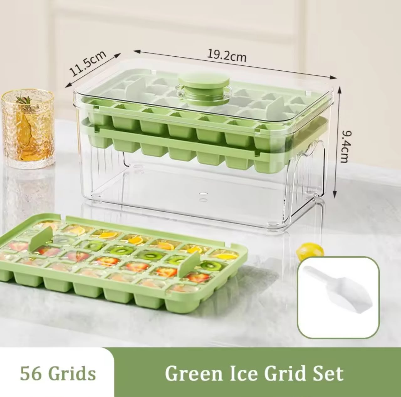 Press & Pop Ice Cube Tray with Storage Box – One-Press Dispenser, 28 or 56 Grids, Includes Ice Scoop (2 Colors)