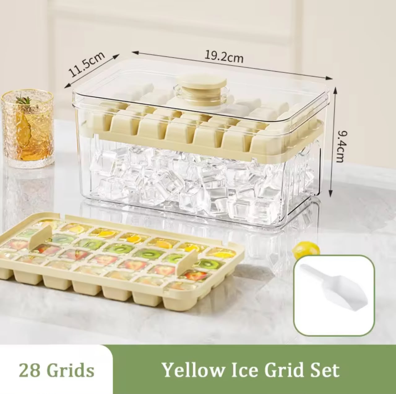 Press & Pop Ice Cube Tray with Storage Box – One-Press Dispenser, 28 or 56 Grids, Includes Ice Scoop (2 Colors)