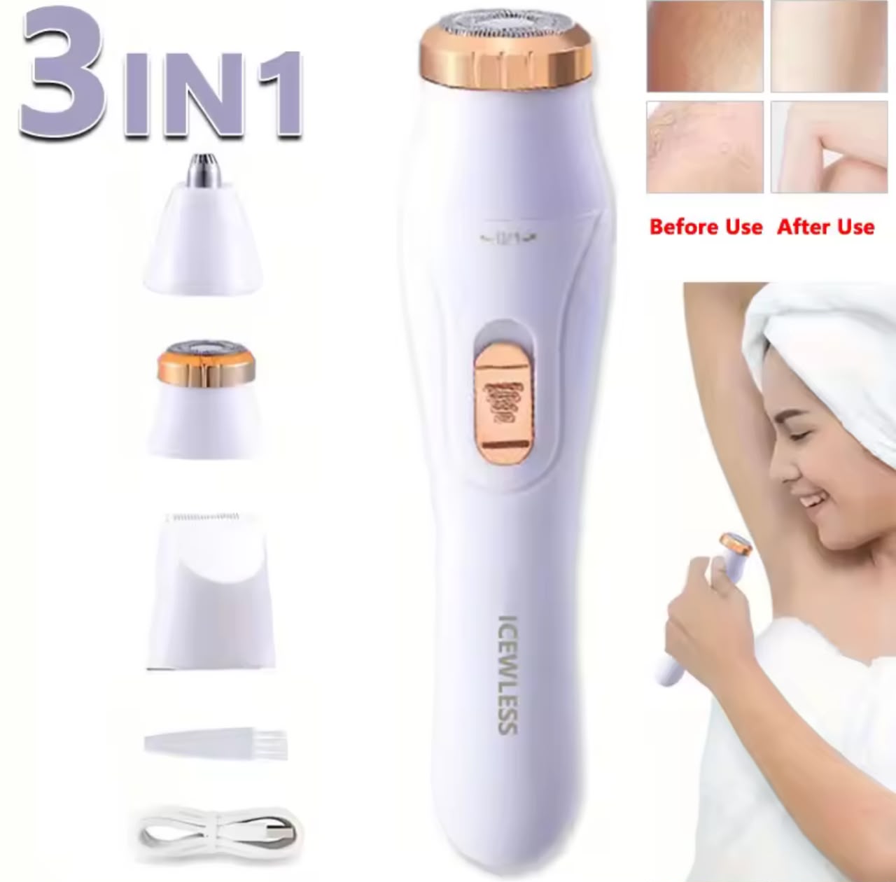 ICEWLESS 3-in-1 Electric Lady Shaver – Body Hair Trimmer, Nose Hair & Bikini Trimmer, USB Rechargeable, Painless