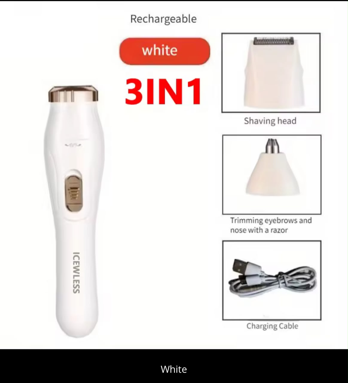 ICEWLESS 3-in-1 Electric Lady Shaver – Body Hair Trimmer, Nose Hair & Bikini Trimmer, USB Rechargeable, Painless