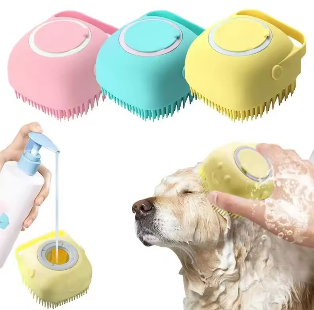 Silicone Pet Bath Brush with Shampoo Dispenser – Soft Massage Grooming Brush for Dogs & Cats (3 Colors)